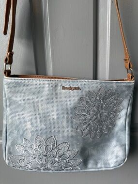 Desigual Light Blue Floral Crossbody with Brown Strap